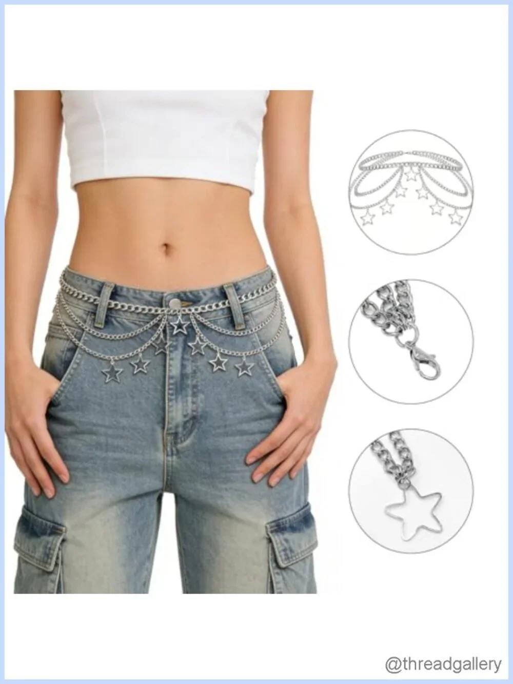 Silver Star Waist Chain Belt Adjustable Body Jewelry Punk Y2K